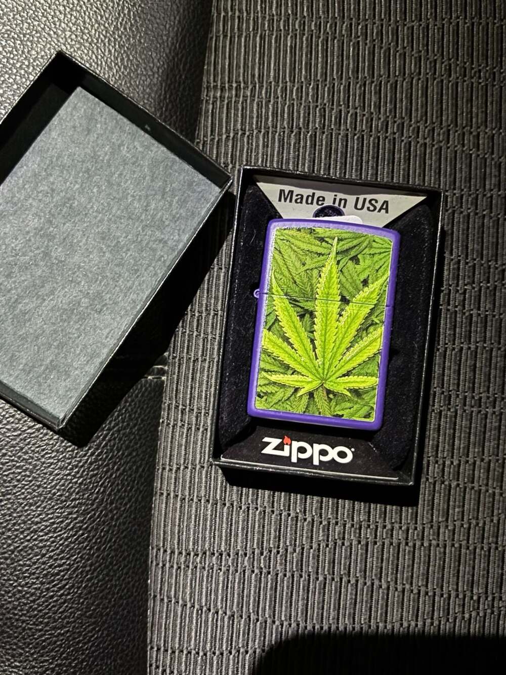 Zippo Matte purple with raised Cannabis Leaf Design Windproof Lighter. New in bo